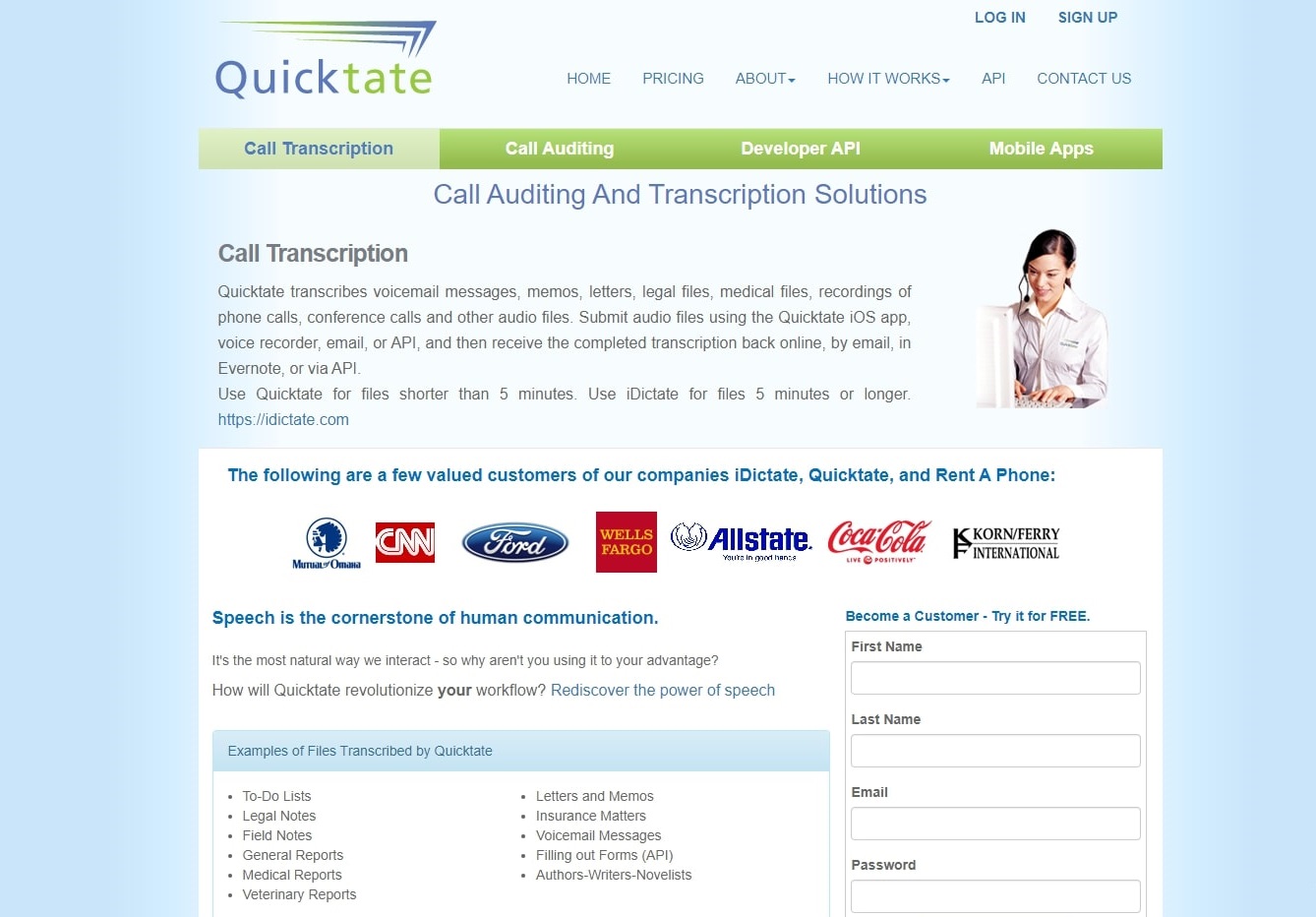 Screenshot of Quicktate homepage